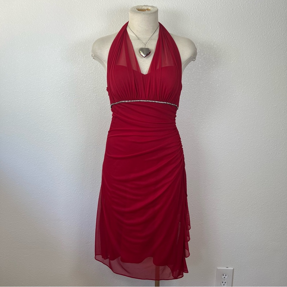 Red Halter Cocktail Dress with Rhinestone Detail